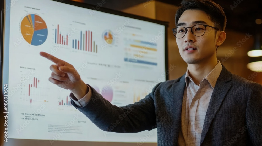 Professional young Asian male giving a presentation in an office meeting, pointing to charts on a screen. Professional young Asian male giving a presentation in an office meeting, pointing to charts on a screen.