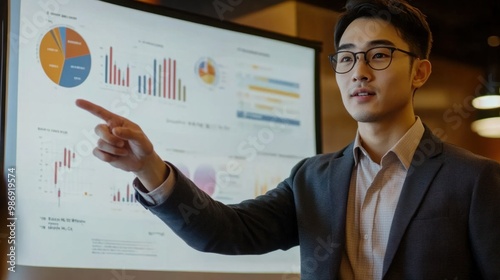 Professional young Asian male giving a presentation in an office meeting, pointing to charts on a screen.