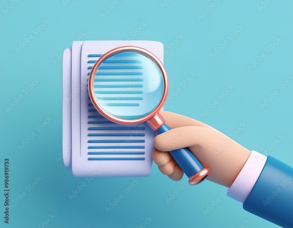A hand holds a magnifying glass over a document, 3D illustration A hand holds a magnifying glass over a document, 3D illustration