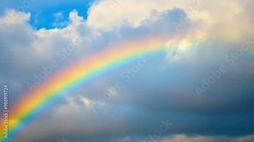 Sky of Hope: Vibrant Rainbow Arcs Across Cloudy Skies After Rainstorm