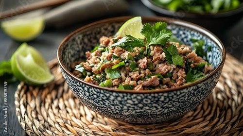 Delicious Larb with Fresh Cila Garnish in Bowl. photo