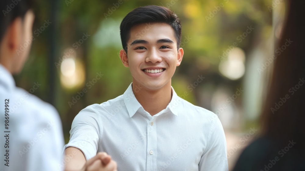 Professional young Asian male shaking hands with a colleague after a successful business negotiation.