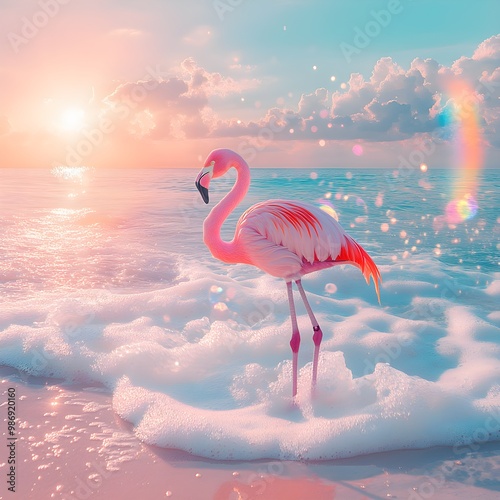 
Pink Flamingo Standing on Beach at Sunset