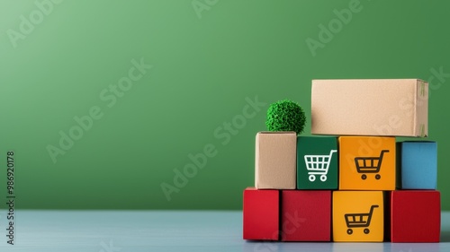 Colorful boxes stacked with shopping cart icons on a green background, representing e-commerce and online shopping.