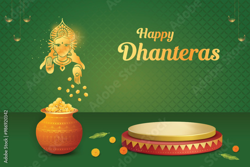 Goddess Lakshmi Blessing With Fortune Pot And Podium On Green Background. Dhanteras Festival Celebration Vector Illustartion 