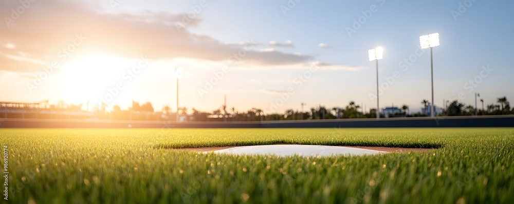 Exciting Baseball Action Under Stadium Lights - Lush Green Field and Aligned Bases Create Perfect Diamond Scene Exciting Baseball Action Under Stadium Lights - Lush Green Field and Aligned Bases Create Perfect Diamond Scene