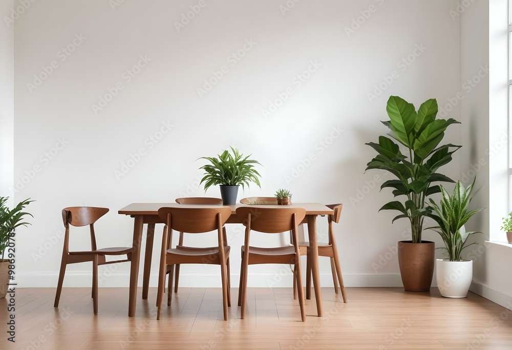 A wooden dining table with four chairs, a potted plant, and a simple white wall background. A wooden dining table with four chairs, a potted plant, and a simple white wall background.