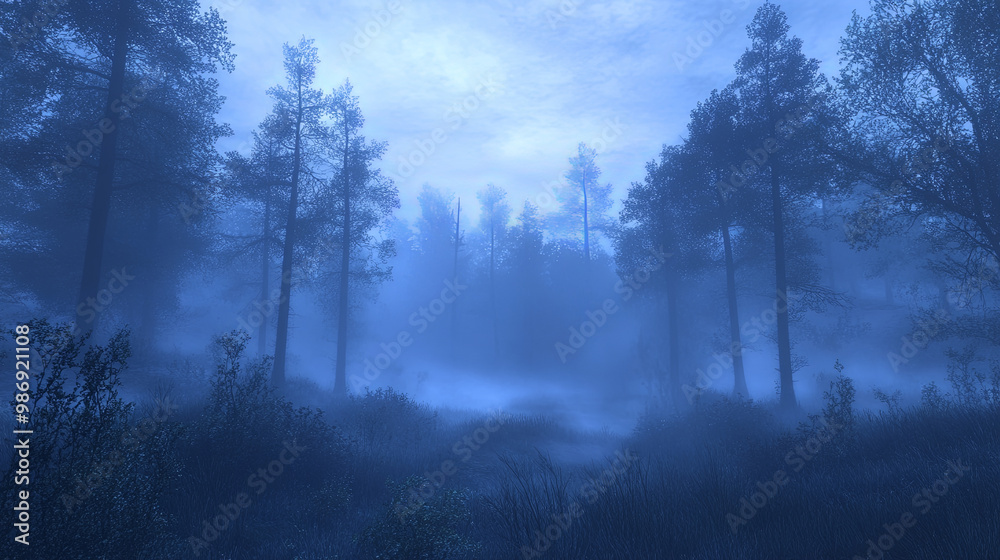 serene nighttime forest enveloped in thick mist creates eerie atmosphere, with tall trees silhouetted against soft blue sky. tranquil scene evokes sense of mystery and calm serene nighttime forest enveloped in thick mist creates eerie atmosphere, with tall trees silhouetted against soft blue sky. tranquil scene evokes sense of mystery and calm