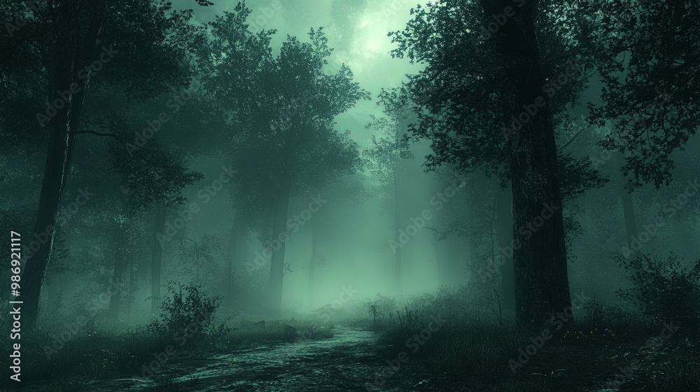 Fototapeta premium Eerie nighttime forest shrouded in thick mist, creating mysterious atmosphere. dense trees and fog evoke sense of intrigue and suspense, perfect for storytelling