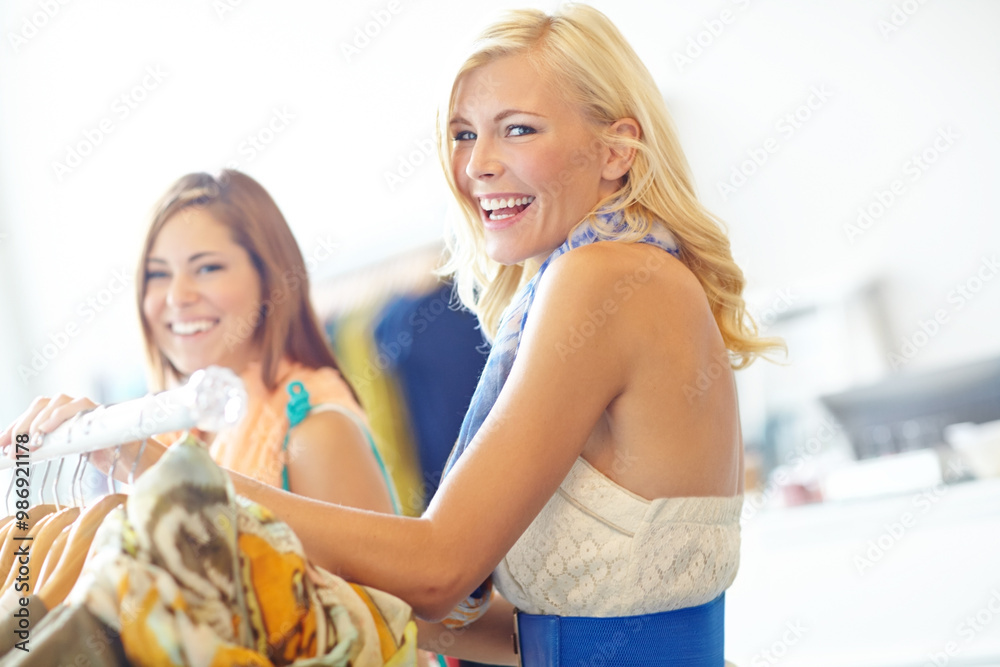 Shopping, boutique and portrait of girl friends with smile, fun bonding and discount sale at luxury fashion mall. Happy, retail and women at store together with designer clothes, choice or decision Shopping, boutique and portrait of girl friends with smile, fun bonding and discount sale at luxury fashion mall. Happy, retail and women at store together with designer clothes, choice or decision