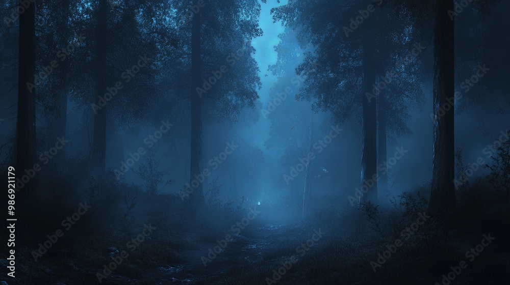 serene nighttime forest enveloped in thick mist creates eerie atmosphere, with shadows cast by towering trees and faint light in distance serene nighttime forest enveloped in thick mist creates eerie atmosphere, with shadows cast by towering trees and faint light in distance