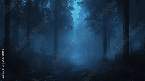 serene nighttime forest enveloped in thick mist creates eerie atmosphere, with shadows cast by towering trees and faint light in distance