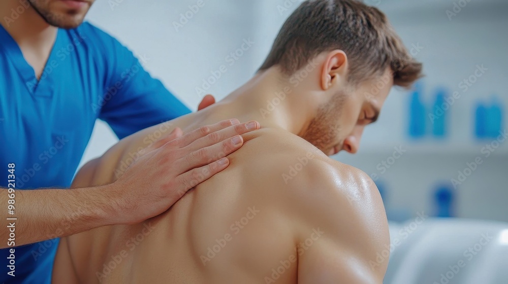 Close-up of shoulder massage for tension relief, wellness center background Close-up of shoulder massage for tension relief, wellness center background