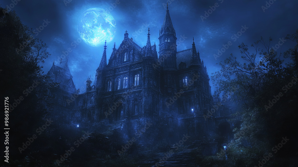gothic castle at night, towering under full moon, creates eerie and mysterious atmosphere. dark surroundings and illuminated windows enhance haunting beauty of this architectural marvel gothic castle at night, towering under full moon, creates eerie and mysterious atmosphere. dark surroundings and illuminated windows enhance haunting beauty of this architectural marvel