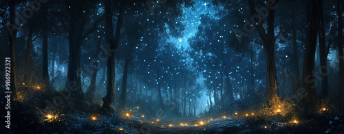 dark forest clearing under stars, illuminated by soft glowing lights, creates magical and serene atmosphere. enchanting scene invites wonder and tranquility