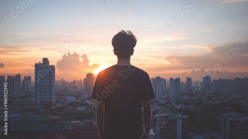 Young Asian male standing on a rooftop overlooking the city, enjoying the view and fresh air during sunset.