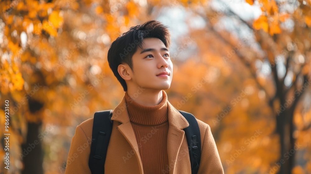 Young Asian male walking through a park during autumn, enjoying the changing seasons and fresh air. Young Asian male walking through a park during autumn, enjoying the changing seasons and fresh air.