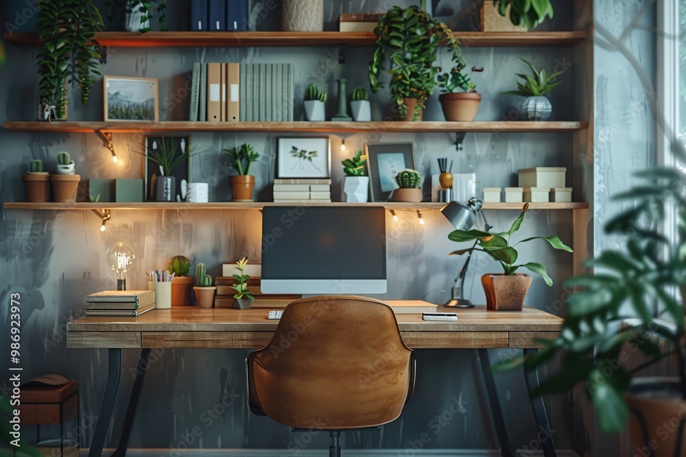 Modern Home Office with Plants and Warm Lighting Modern Home Office with Plants and Warm Lighting