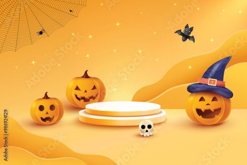 Halloween Festive Sale With Podium On Yellow Background. 3D Realistic Spooky Theme Vector Illustration.