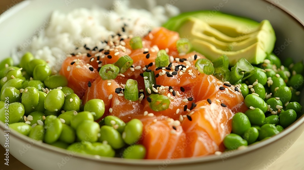 Healthy Sushi Bowl with Salmon, Avocado, Edamame, Rice Garnished with Sesame Seeds and Green Onions