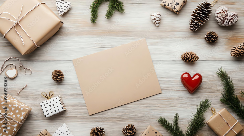 Christmas gifts, decorations, and a blank card on a wooden table. Christmas gifts, decorations, and a blank card on a wooden table.