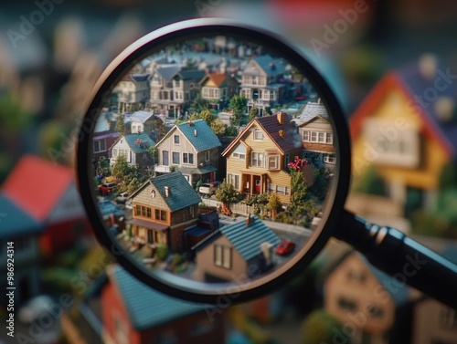 Small town landscape through magnifying lens