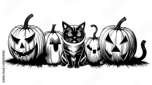 Cat, Halloween Pumpkin and Cat Outline, White Background Pattern,