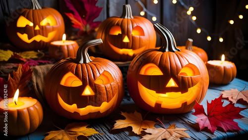 Rustic Charm Meets Spooky Halloween Pumpkins. Glowing Faces of Halloween on a Wooden Table photo