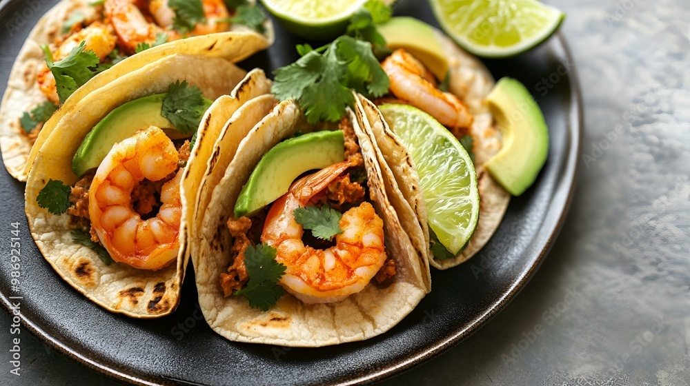 Fototapeta premium Savory Shrimp Tacos with Fresh Avocado and Lime on Dark Background – Delicious Mexican Cuisine