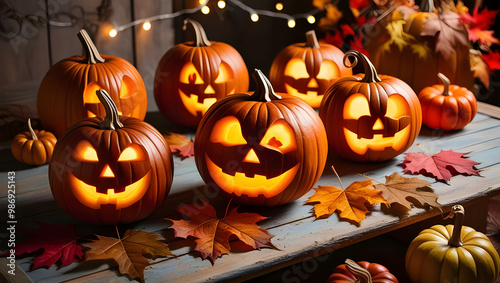 Rustic Charm Meets Spooky Halloween Pumpkins. Glowing Faces of Halloween on a Wooden Table photo