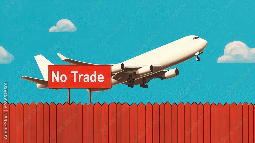 Fototapeta premium An airplane taking off against a vibrant blue sky, with a 'No Trade' sign in the foreground.