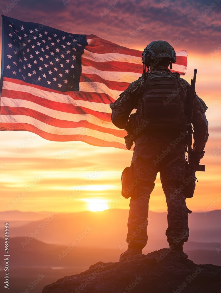 full kombat Soldier and USA flag on sunrise background, Veterans Day, honoring, 3:4 full kombat Soldier and USA flag on sunrise background, Veterans Day, honoring, 3:4