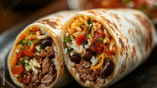 Delicious Stuffed Burrito with Rice, Beans, Meat and Fresh Vegetables on Wooden Table – Mexican Cuisine Concept