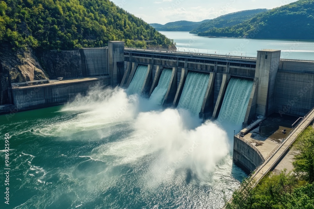 Large hydroelectric dam channeling water into the river below Large hydroelectric dam channeling water into the river below