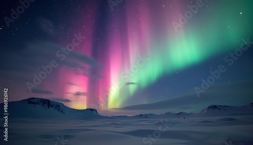 Wallpaper Mural The Northern Lights illuminating the night sky with shades of green, pink, and purple over a snow-covered landscape Torontodigital.ca