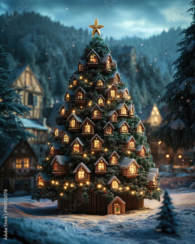 A Christmas tree adorned with miniature houses and glowing lights in a winter landscape.