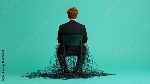 Man seated, entangled in wires, symbolizing stress and confusion, against a solid teal background. photo