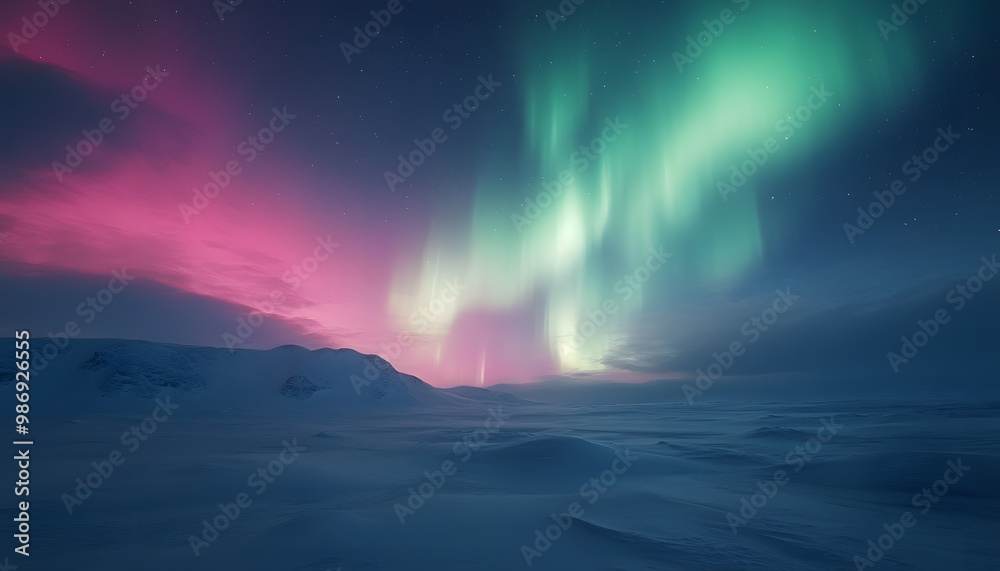 Fototapeta premium The Northern Lights illuminating the night sky with shades of green, pink, and purple over a snow-covered landscape
