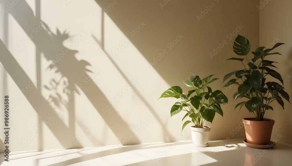 Fototapeta premium A bright, airy room with sunlight streaming in through the window, casting long shadows on the wall. A potted plant with green leaves sits on a table in the foreground.