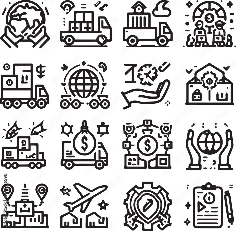 Naklejka premium Vector Set of supply chain, value chain, logistics, delivery, manufacturing, commerce