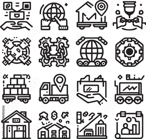 Linear style icon set of supply chain, value chain, logistics, delivery, manufacturing, commerce