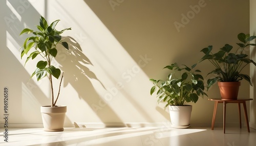 A bright, airy room with sunlight streaming in through the window, casting long shadows on the wall. A potted plant with green leaves sits on a table in the foreground.