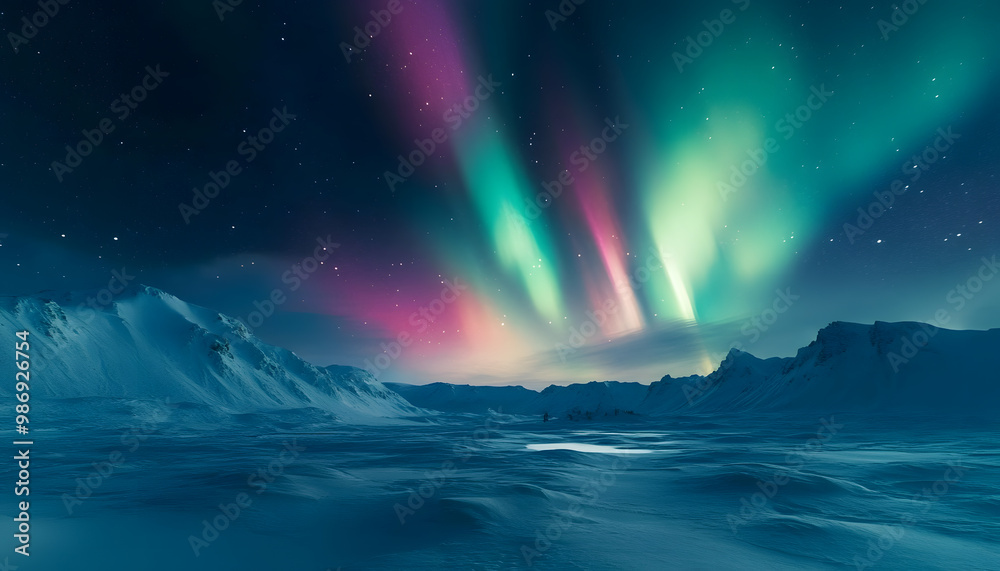 The Northern Lights illuminating the night sky with shades of green, pink, and purple over a snow-covered landscape The Northern Lights illuminating the night sky with shades of green, pink, and purple over a snow-covered landscape