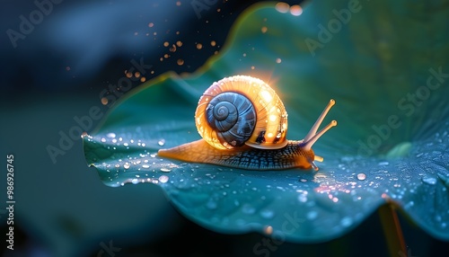 Tranquil snail meditating on a glowing lotus leaf beneath the serene embrace of moonlight photo