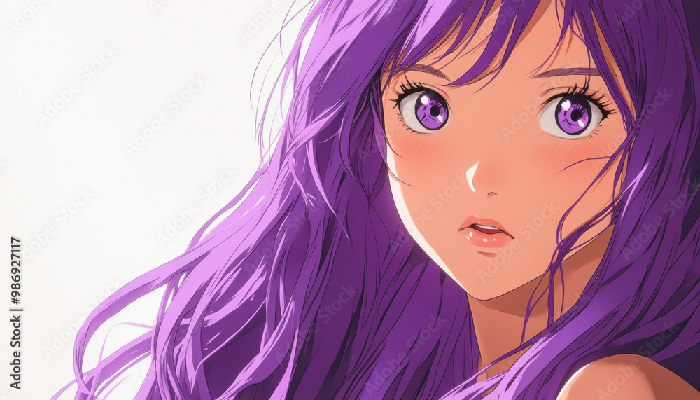 Beautiful purple haired anime girl looking curious with wide eyes Beautiful purple haired anime girl looking curious with wide eyes