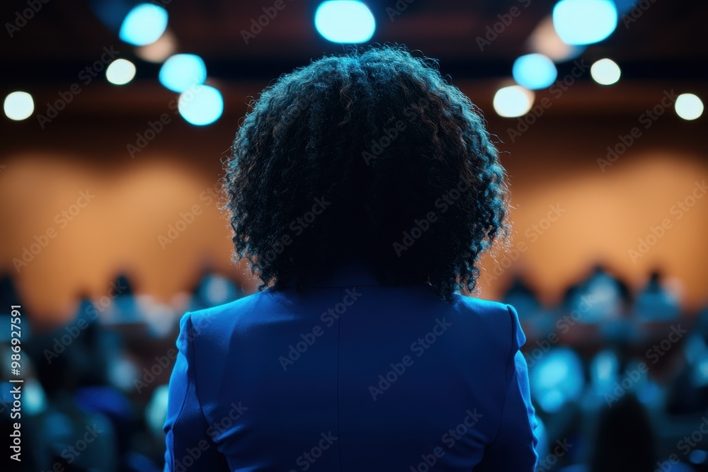 woman speaking at conference with microphone, view from behind woman speaking at conference with microphone, view from behind