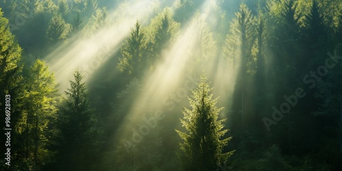 Sun rays penetrate through a dense forest, creating a magical and serene atmosphere bathed in natural light. photo