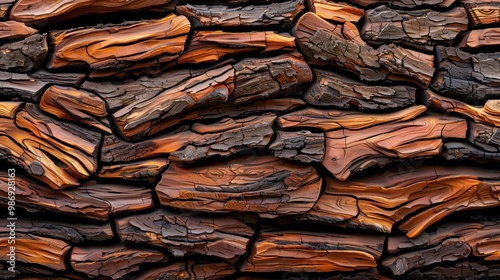 Textured bark with rich brown tones, showcasing the natural patterns and variations in wood surface, ideal for nature enthusiasts and design projects. photo