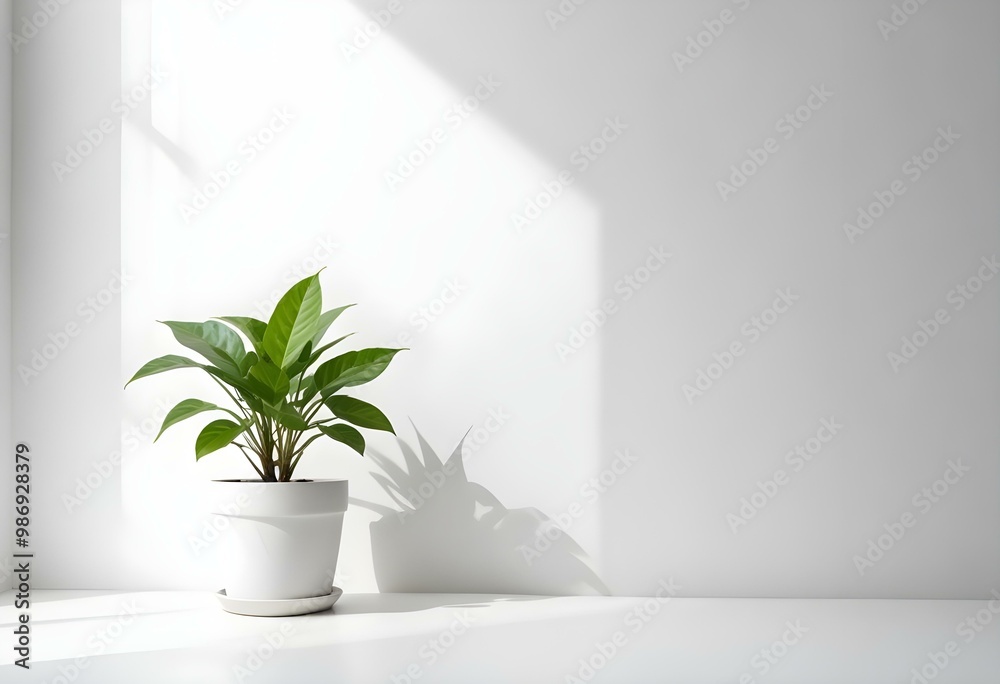 A potted plant with green leaves on a white table against a plain white wall. A potted plant with green leaves on a white table against a plain white wall.