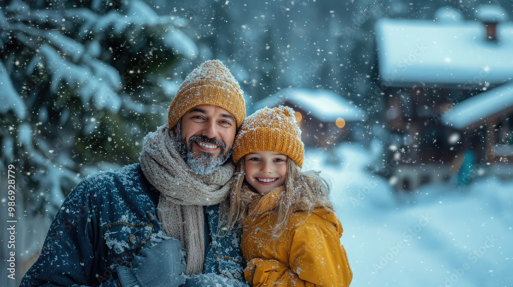 Fototapeta premium happy family skiing at ski resort with ski slope and bungalow in background, snow, winter sport, father, child, son, man, boy, new year holiday, active lifestyle, vacation, rest, travel, people, skier
